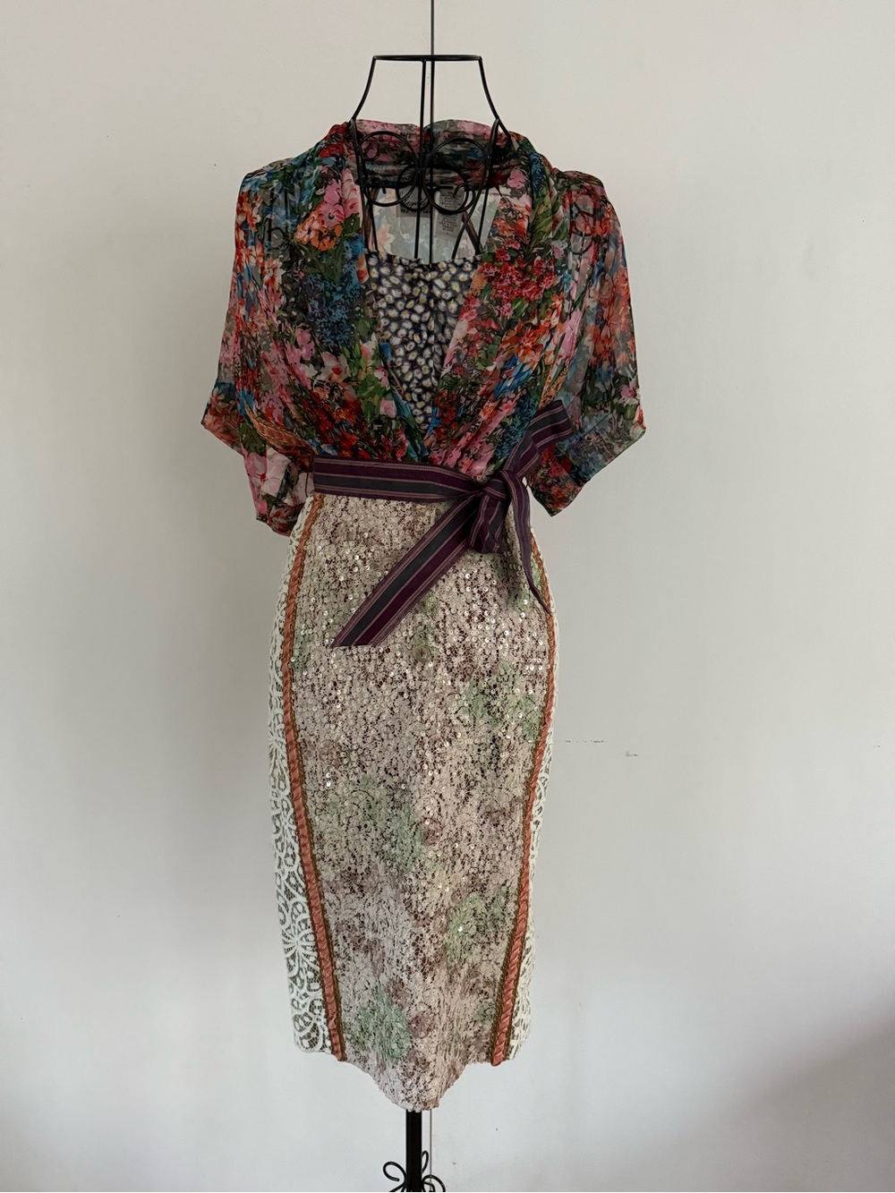 Byron Lars Floral Wrap Tie-Waist Midi Dress in Multi-Color & Multi-Texture Sz 0 - Picture 2 of 15